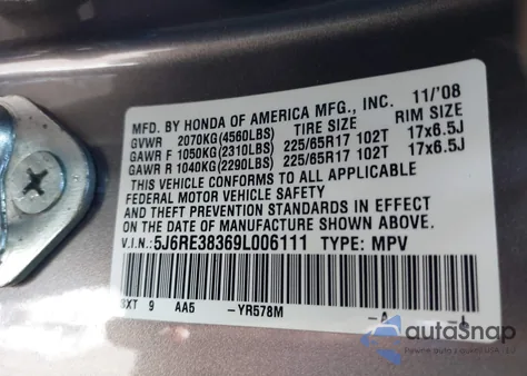 2009 Honda Cr-V Lx from USA, damaged, VIN 5J6RE38369L006111